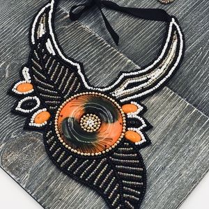Ethnic nNecklace and Earrings Set Black and Orange